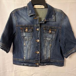 Vintage Y2K Cropped Denim Jacket Fashion Bug Short Sleeve Trucker Distressed S
